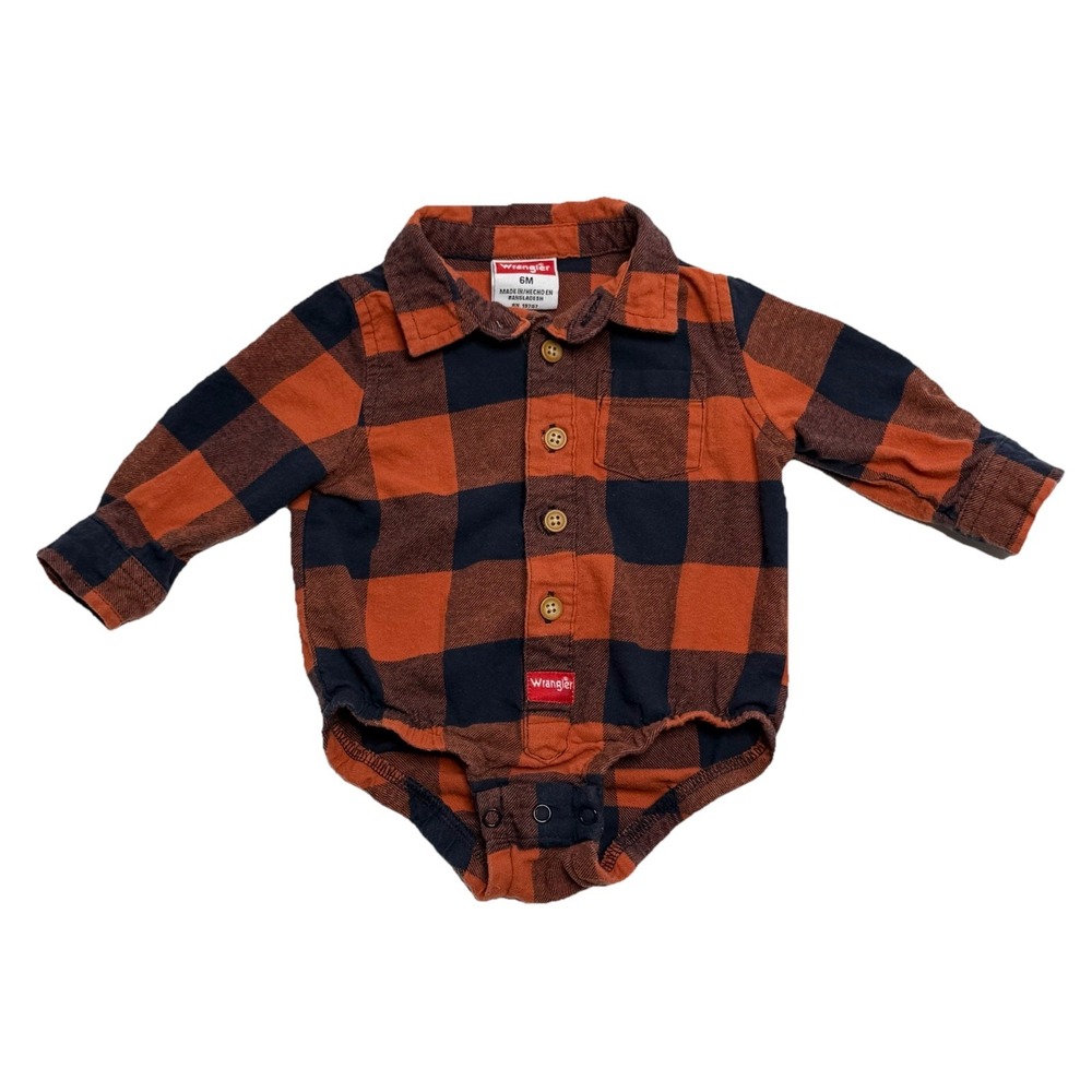 Wrangler Baby Boys Flannel Bodysuit Orange/Navy Plaid Long Sleeve Size 6‎ Months